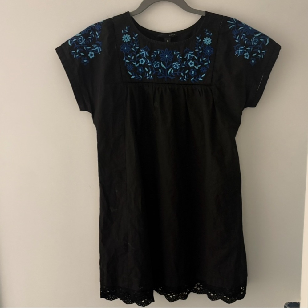 Aqua Black Blue Embroidery Eyelet Hem Floral Short Sleeve Mini Dress Size XS